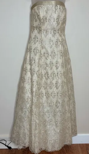 Jump vintage Y2K Gown Maxi Dress Back Lace up Floral Lace Ivory gold size 7/8 thumbnail 1
