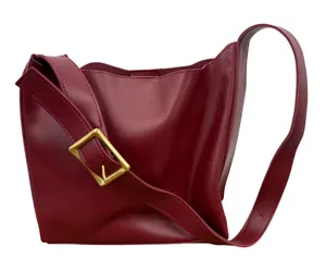 Burgundy Vegan Leather Hobo Shoulder Bag‎ Gold Buckle Strap Maroon Slouchy Tote thumbnail 1