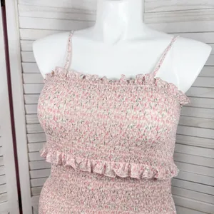 Mabel Daphne Ditsy Flower Ruffe Trim Smocked Midi Long Tube Dress Pink‎ Large thumbnail 7