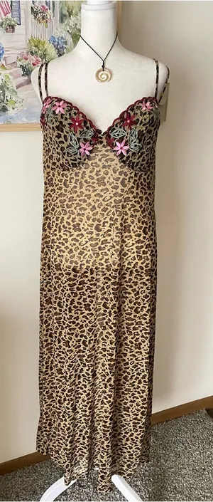 Amoureuse 90s Y2K Vintage Leopard Mesh Embroidered Maxi Lingerie Slip Dress 1X thumbnail 1