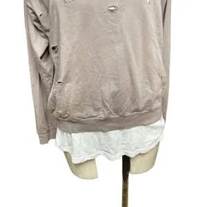 Monrow Distressed Double Layer Sweatshirt Fawn White Size‎ Medium Tan thumbnail 4
