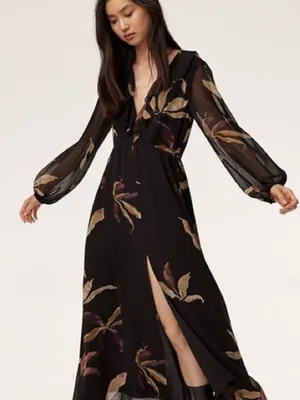Wilfred Aritzia Floral Ruffle-Trim Long Sleeve Maxi Dress with Slit Front thumbnail 1