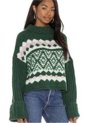 Free People Green and Pink Patterned Sweater thumbnail 1