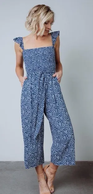 Baltic‎ Born Women’s Medium Hadley Smocked Jumpsuit Floral Navy Blue thumbnail 1