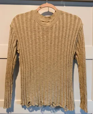 Heyson Distressed Ribbed Knit Sweater Cream Tan Beige Small ESW1084 thumbnail 1