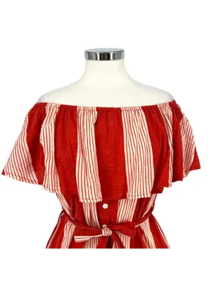 Faithfull The Brand Amalfi off-Shoulder Rust Red Striped Mini Dress Size Small thumbnail 2