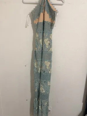 Foxiedox NWT Crochet Lace Halter Maxi Dress in Light Blue and Cream thumbnail 3