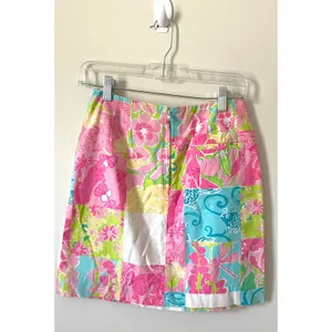 Lilly Pulitzer Vintage Patchwork Floral Animal Mini Skirt Pink Blue Size 2 thumbnail 2