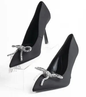 Zara Black Pointed Toe Silver Bow Stiletto Heels Size 39 thumbnail 1