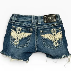 Miss Me Angel‎ Wings Cross Bling Distressed Denim Low Rise Y2K Bermuda Shorts 25 thumbnail 2