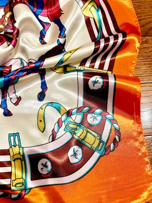 Vintage classic EQUESTRIAN horses PRINT ORANGE/ off white SQUAR SILK SCARF 35/35 thumbnail 4