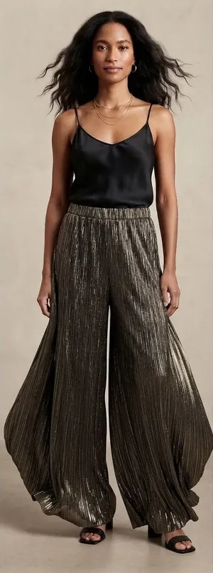 Zara‎ Pants Women Small Gold Wide Leg Pleated Metallic High Waist Party Holiday thumbnail 1