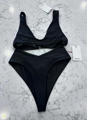 NWT Quince Black Italian Plunge Bikini Top & V Cut High Leg Bottom Set Medium thumbnail 1
