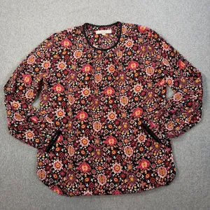 LOFT Women's Medium Black Red Pom Pom Trim Long Sleeve Blouse Top Keyhole thumbnail 1