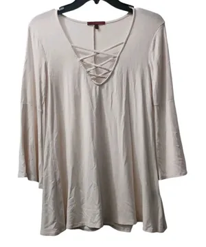 BKEred Tunic‎ Top Criss Cross V Neck Bell Sleeve Casual Beige Small thumbnail 1