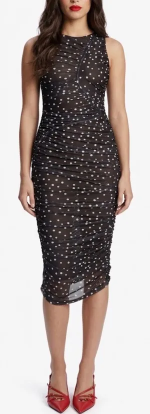 Bardot Felicia Spot Mesh Midi Dress Black‎ Polka Dot Ruched Sleeveless US 4 NEW thumbnail 1