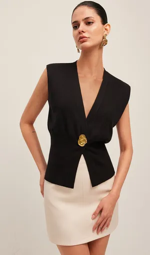 Commense V-Neck Gold Button Sweater Vest Dark Brown Size Small NWT thumbnail 1