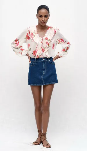 NWT Zara dark blue denim mini skirt. Size Large thumbnail 1