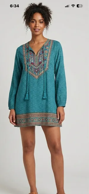 Urban Coco Boho Pullover Southwestern Tunic Top with Tassel Tie size L thumbnail 1