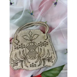Vintage Czechoslovakia Micro Beaded Coin‎ Purse Cream Bronze Floral Evening Bag thumbnail 2