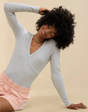 Aerie Heater Gray Long Sleeve Cross Front Ribbed Knit Bodysuit Women's Size XL thumbnail 1