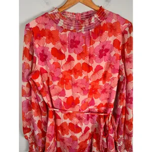 Maison Tara Floral Mini Dress Womens 12 Pink‎ Orange Ruffle Smocked Long Sleeve thumbnail 3