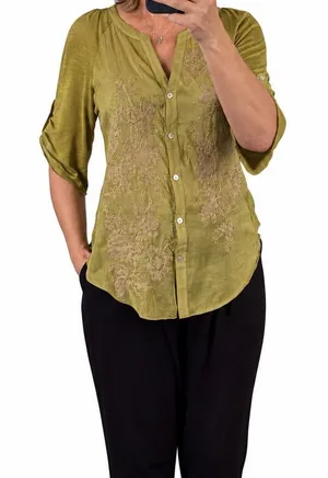 TINY Anthropologie Olive Green Embroidered Roll Tab Tunic Blouse S thumbnail 1