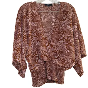 Lulus Promises Kept Brown Floral Print Sheer Smocked Top women's large cottage thumbnail 2