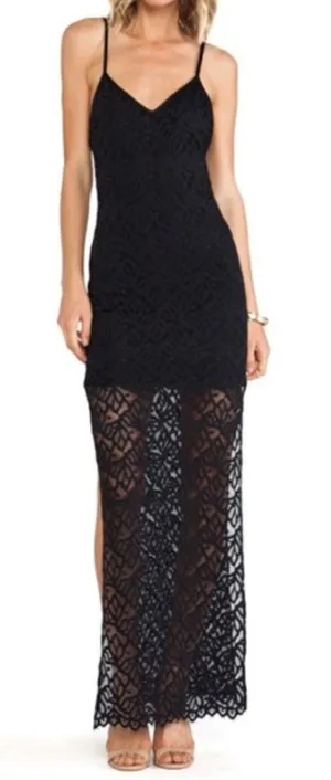 FOR LOVE AND LEMONS | Mi Amore Black Lace Maxi Dress gown with leg slits | Small thumbnail 1