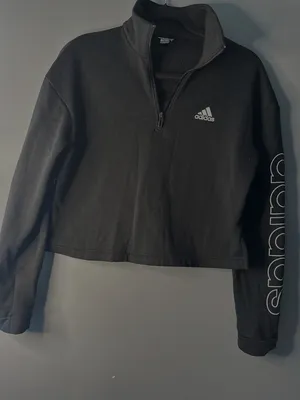 Adidas Womens M Cropped Quarter Zip Sweatshirt Black Logo Sleeve Pullover thumbnail 2