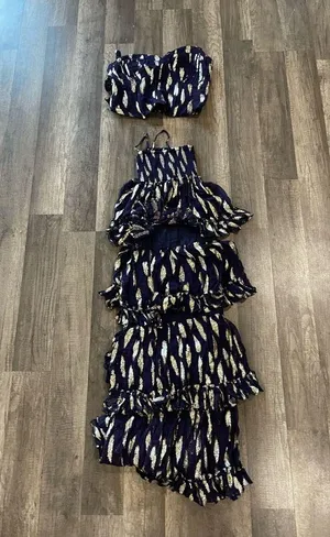 Free People Solar Corset Top Equinox Ruffle Skirt Size Small Blue Gold Set thumbnail 4
