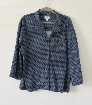 Petite Plume Navy Yellow Pima Cotton Button Down Wide Sleeve Pajama Top L thumbnail 1
