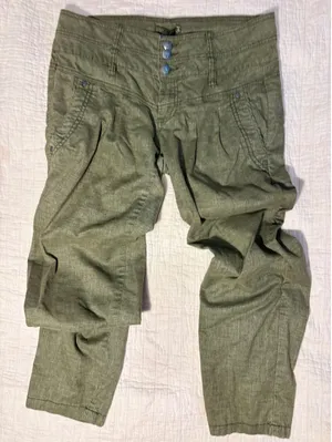 Prana Olive Green Linen Blend High Waisted Triple Button Crop Pants Size 8 thumbnail 1