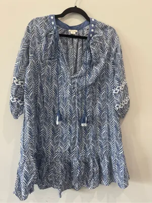 Shoshanna blue and white patterned Harbor Tassel Cotton Dress Size M Like New thumbnail 4