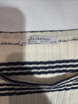 Zara Cream and Navy Striped Ribbed Bell-Sleeve Top thumbnail 2