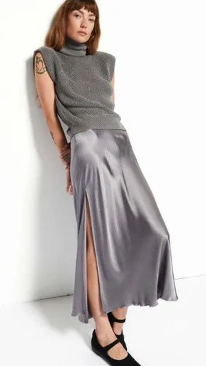 Nation Maribel Skirt Womens Medium Gray Smoke Satin Bias Maxi Slit Pull On Casul thumbnail 1