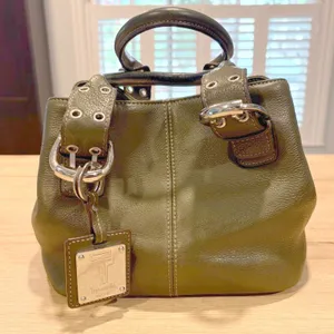 Tignanello Olive Green Pebbled‎ Leather Satchel Buckle Handbag Silver Hardware thumbnail 1