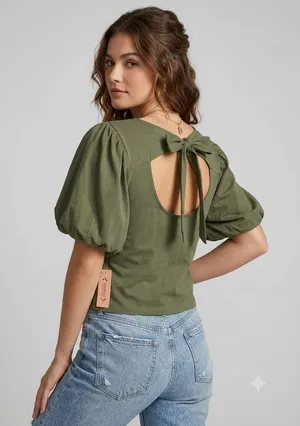 Nanette Lepore Prairie Sage‎ Green Puff Sleeve Bow Back Cutout Top XL NWT thumbnail 1
