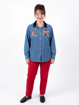 Vintage 90s Ugly Christmas Embroidered Denim Holiday Shirt Velvet Collar thumbnail 4