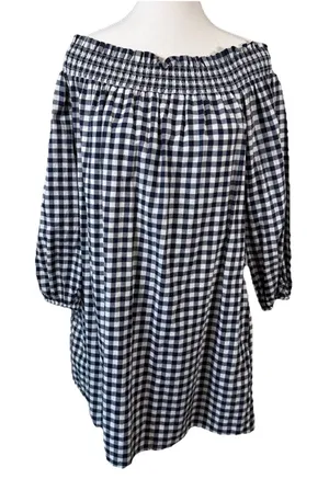 Abercrombie and fitch off‎ the shoulder gingham dress M blue white Check Smock thumbnail 1