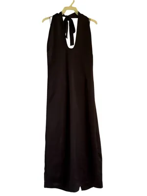 Jason Wu Black Satin Halter Plunging U-Neckline Midi Dress Medium Women’s thumbnail 3