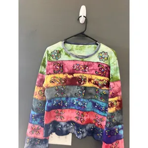 Nepal Cotton Patchwork Tie Dye‎ Long Sleeve Top Om Symbols Boho Hippie Womens L thumbnail 2