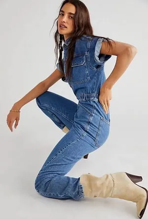 Free People Marci Denim Jumpsuit Blue S thumbnail 1