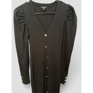 Express‎ Womens Black Ribbed Knit Puff Shoulder Gold Button Midi Dress Small thumbnail 4