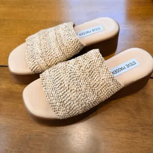 Steve Madden Raffia Platform Slide Sandals‎ Tan Woven Wedge size 37 Italy thumbnail 12