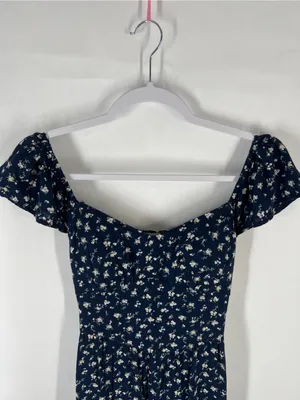 Hollister Navy Floral Puff-Sleeve‎ Midi Dress with Side Slit thumbnail 3