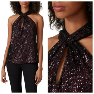 Parker Dallas Sleeveless Twist Halter Lined Burgundy Sequined Top Size Medium thumbnail 7