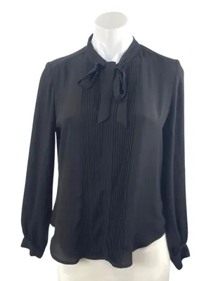 Banana Republic Black Pintuck Pleats Tie Neck Long Sleeve Shirt Blouse Top XS thumbnail 1