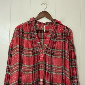 Free People Fearless Love Tunic Top XS Red Plaid Bell Sleeve Boho thumbnail 5
