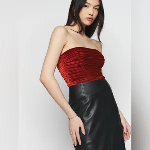 Reformation Addie Ruched Smocked Strapless Velvet Top in Blood Orange Size 4‎ thumbnail 4